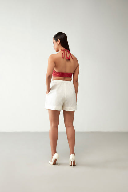 Off White Elastic Band Cotton Shorts