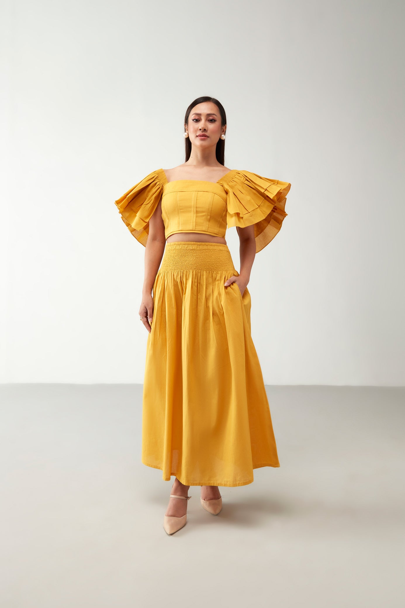 Yellow Ruffle Crop Top Cotton Co-Ord Set