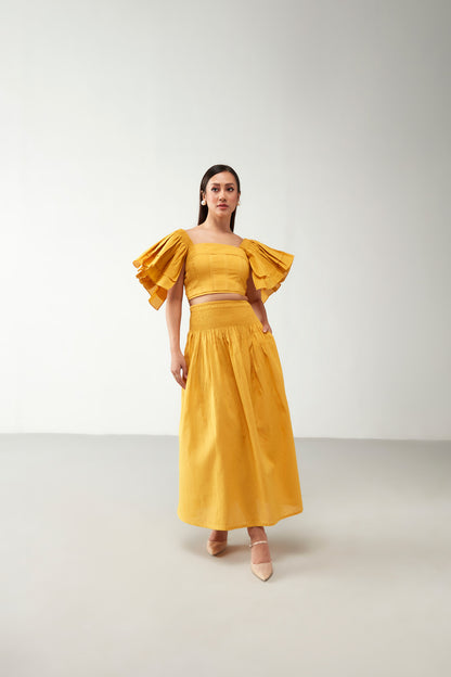 Yellow Ruffle Crop Top Cotton Co-Ord Set