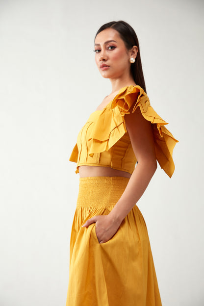 Yellow Ruffle Crop Top Cotton Co-Ord Set