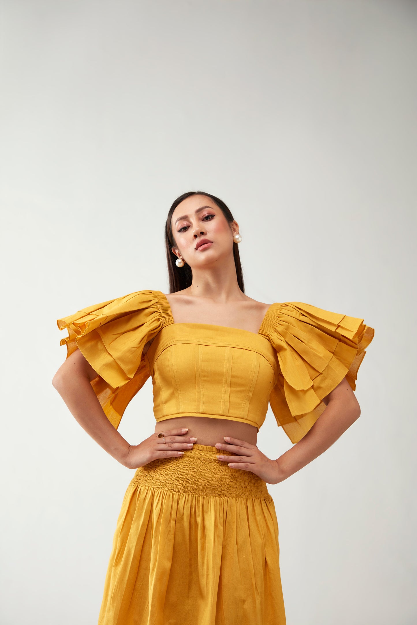 Yellow Ruffle Crop Top Cotton Co-Ord Set