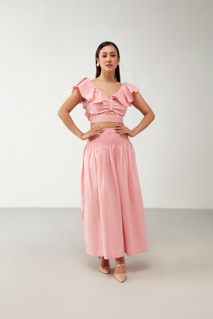 Pink Ruffle Crop Top Cotton Co-Ord Set