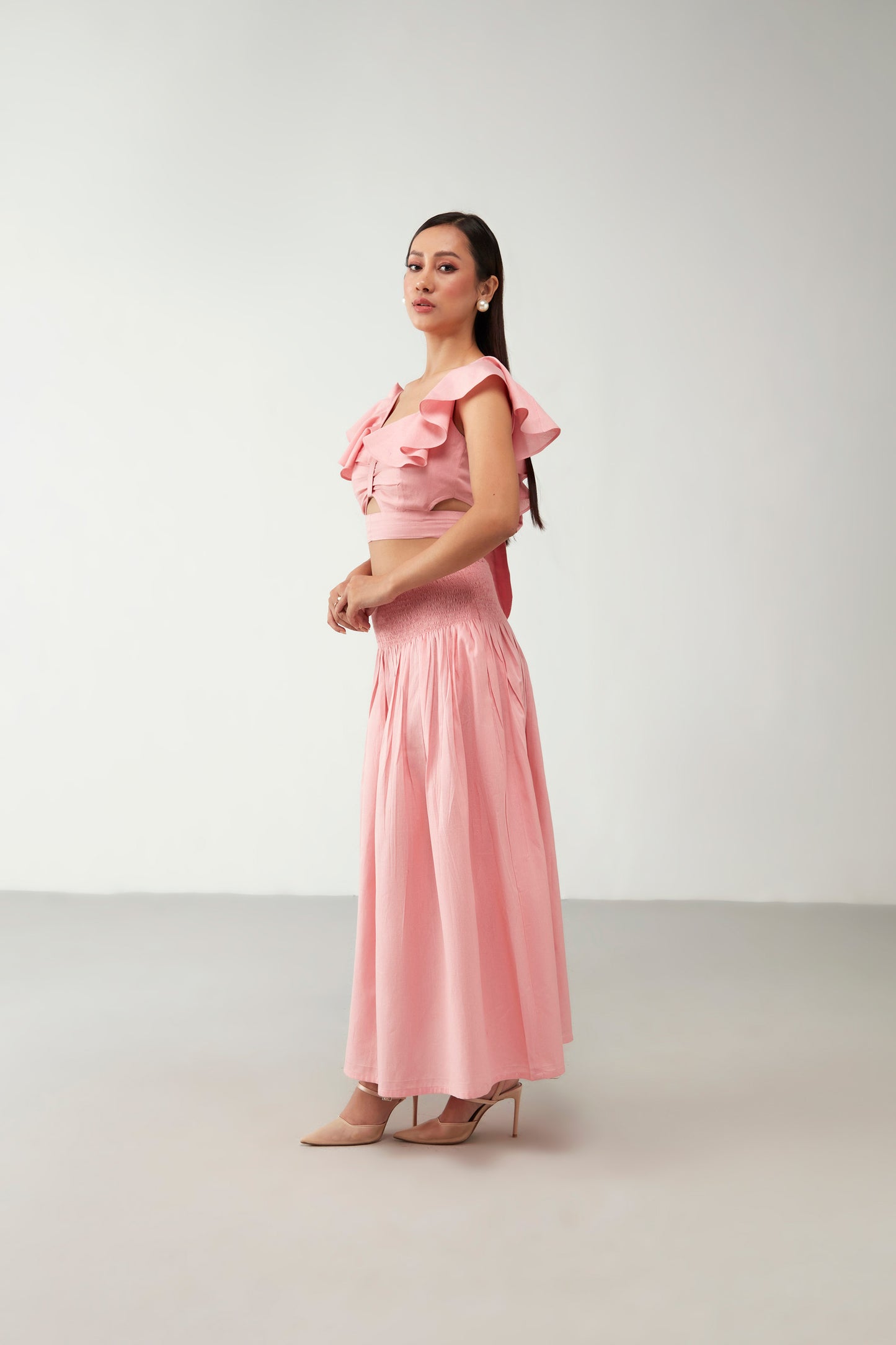 Pink Ruffle Crop Top Cotton Co-Ord Set