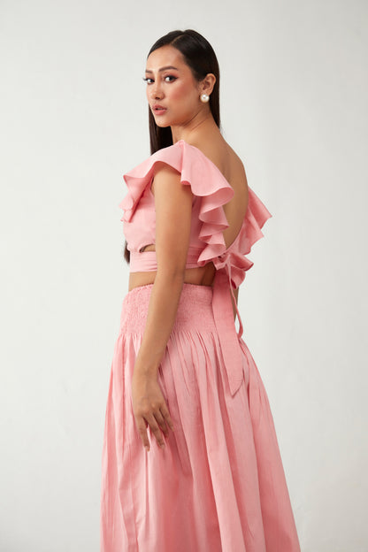 Pink Ruffle Crop Top Cotton Co-Ord Set