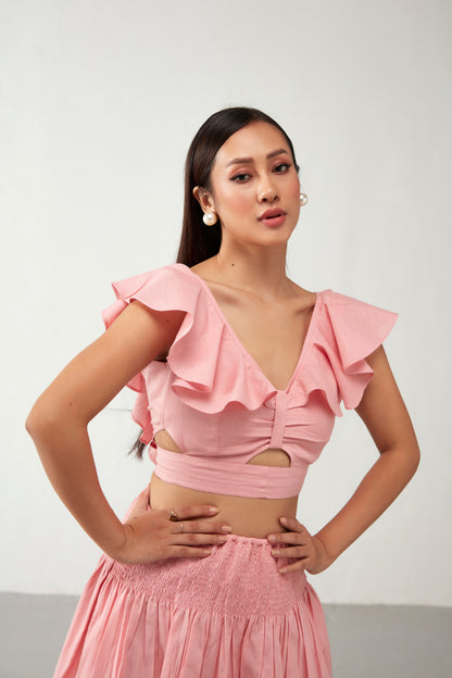 Pink Ruffle Crop Top Cotton Co-Ord Set