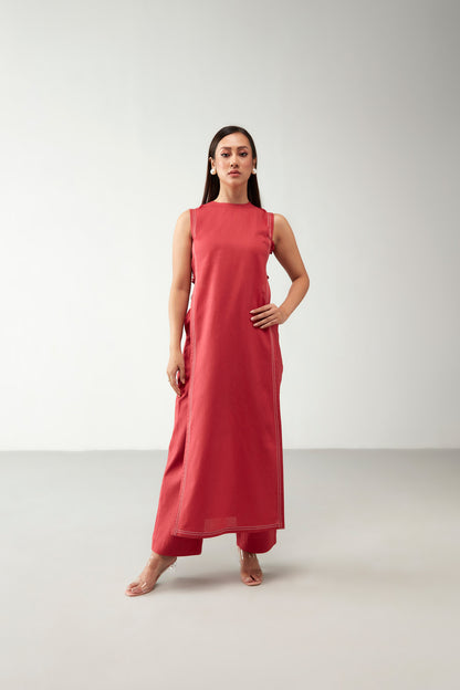 Red Long Shirt Cotton Co-Ord Set