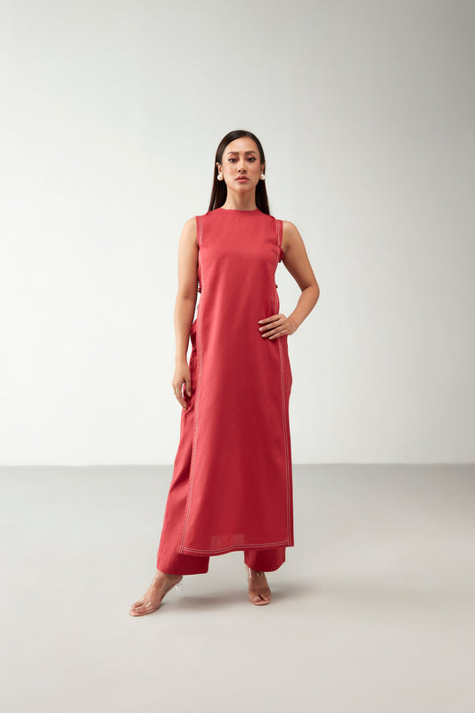 Red Long Shirt Cotton Co-Ord Set