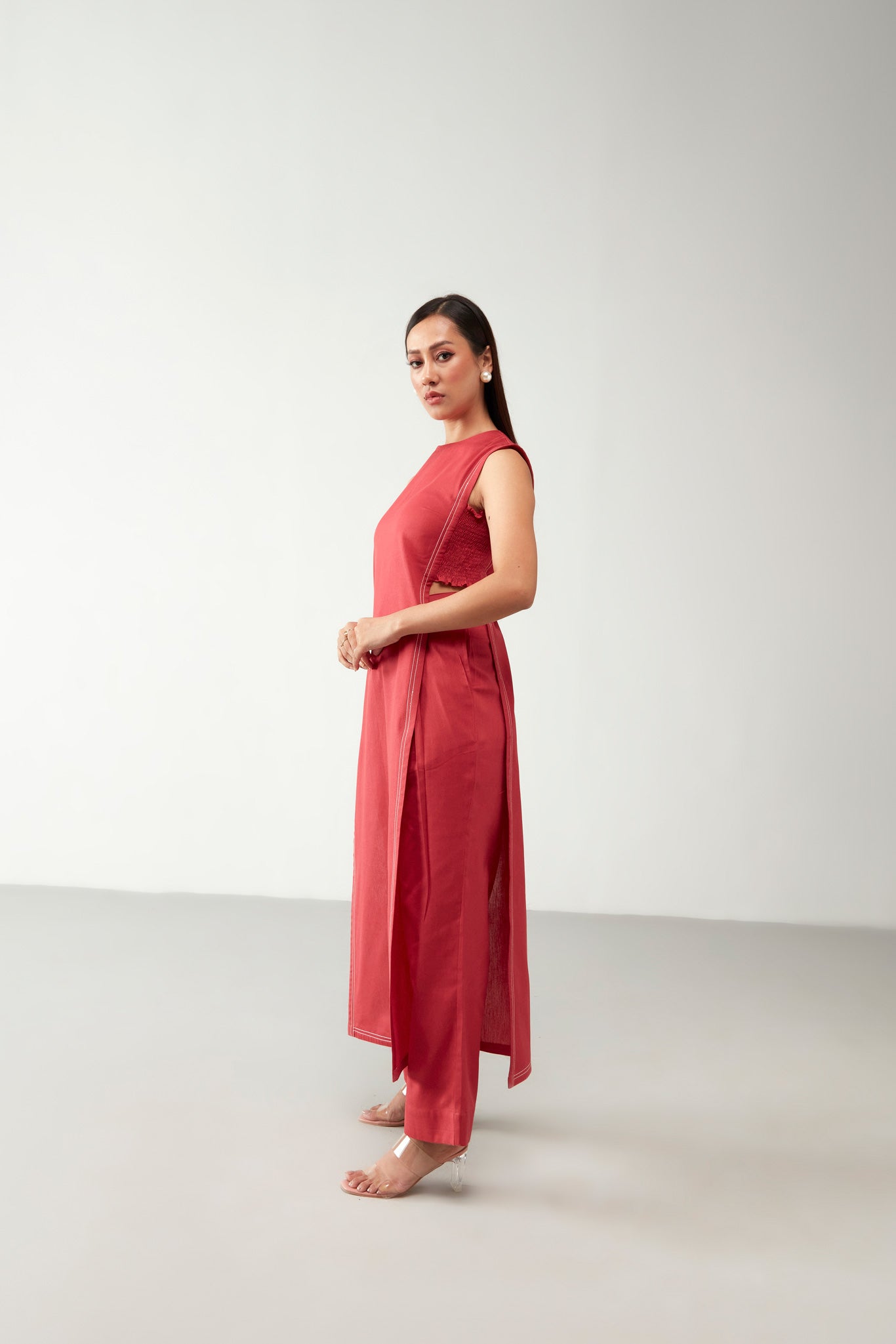 Red Long Shirt Cotton Co-Ord Set