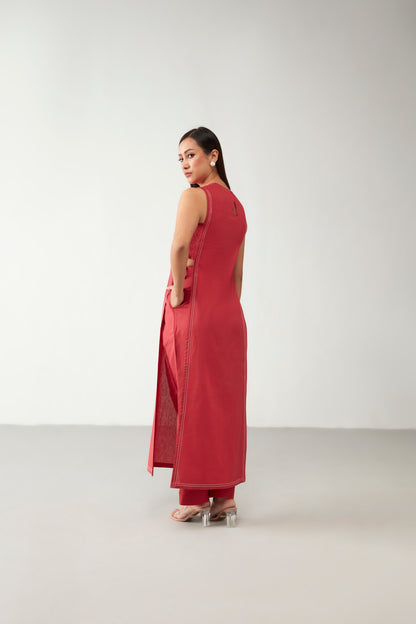 Red Long Shirt Cotton Co-Ord Set