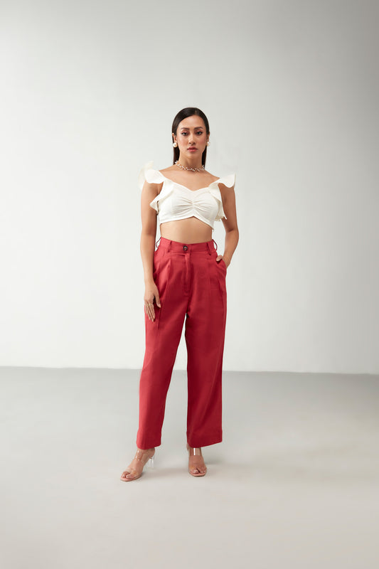 Red & Off white Ruffle Top Cotton Co-Ord Set