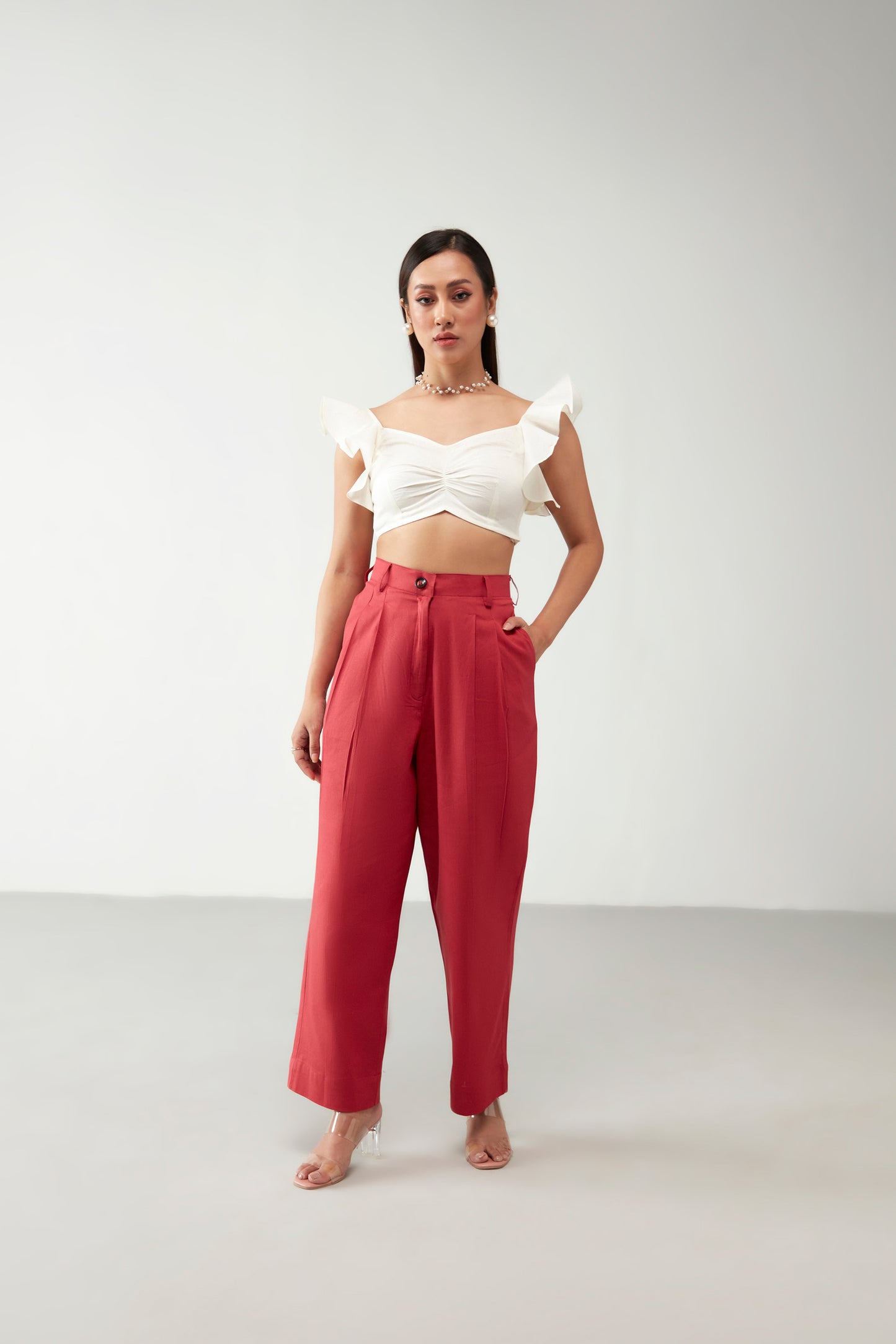 Red & Off white Ruffle Top Cotton Co-Ord Set