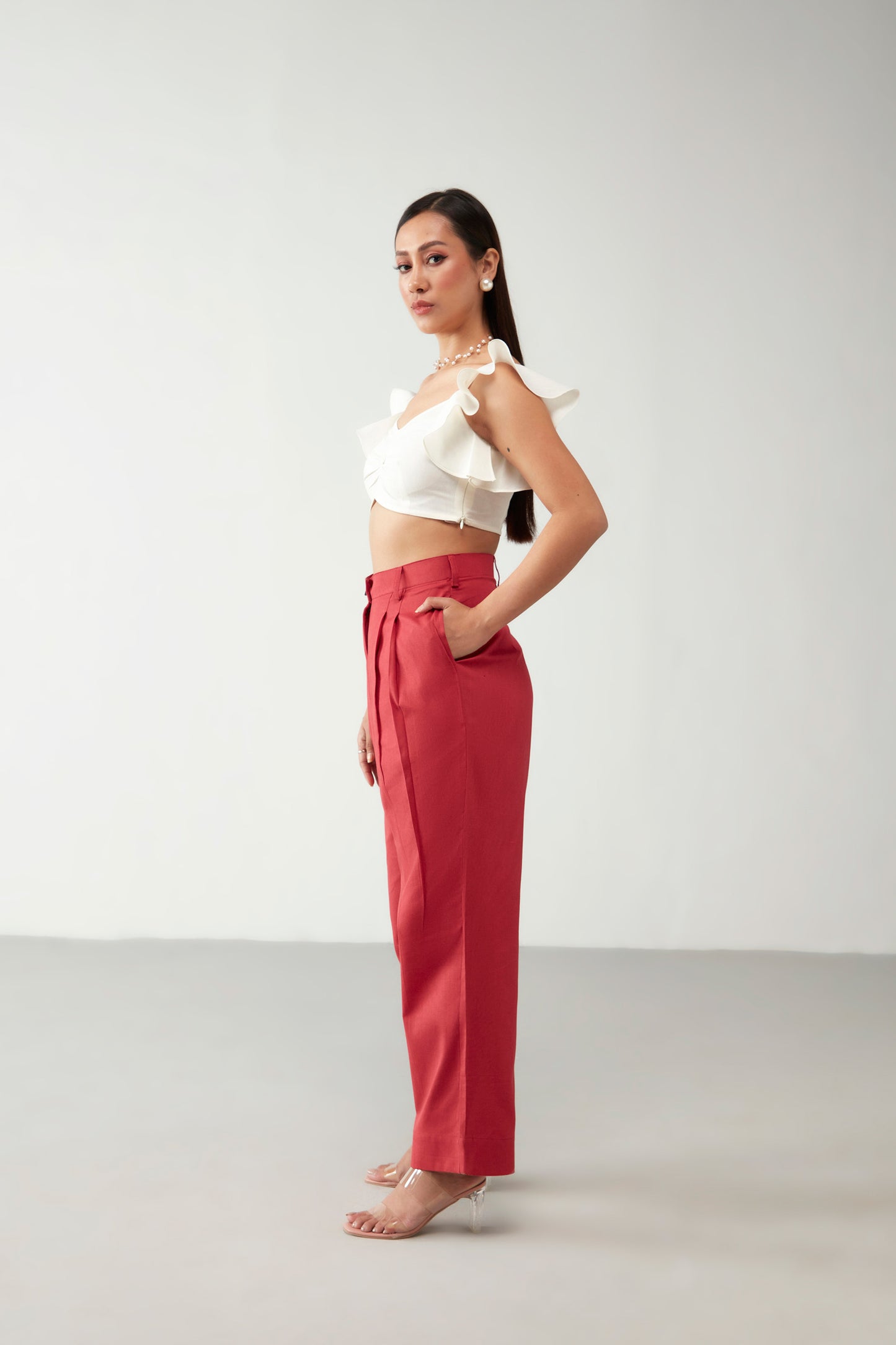 Red & Off white Ruffle Top Cotton Co-Ord Set