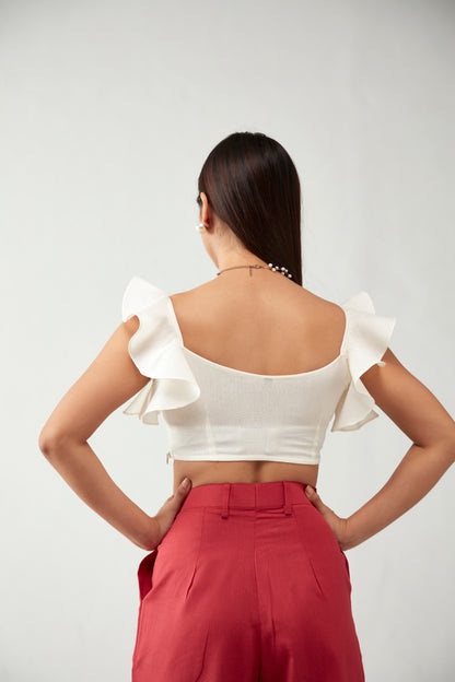 Off White One Shoulder Ruffle Cotton Crop Top