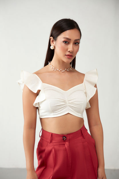 Off White One Shoulder Ruffle Cotton Crop Top