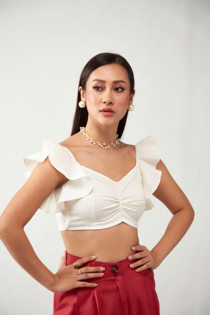 Off White One Shoulder Ruffle Cotton Crop Top