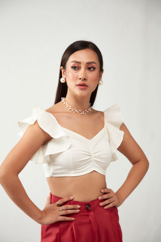 Off White One Shoulder Ruffle Cotton Crop Top