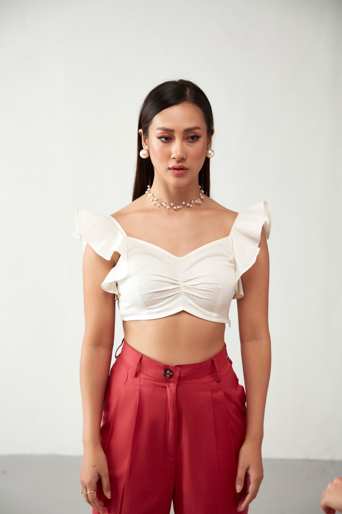 Off White One Shoulder Ruffle Cotton Crop Top