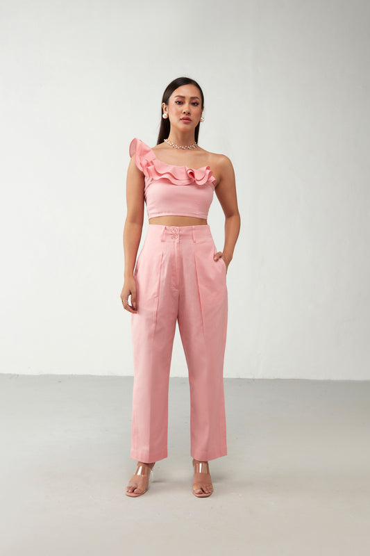 Pink Shoulder Ruffle Cotton Co-Ord Set