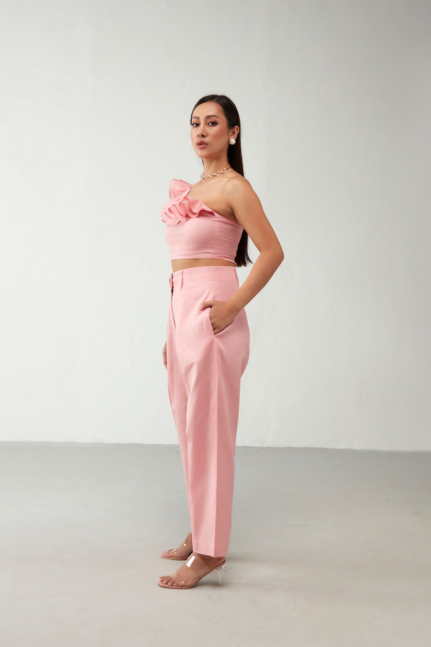 Pink Shoulder Ruffle Cotton Co-Ord Set