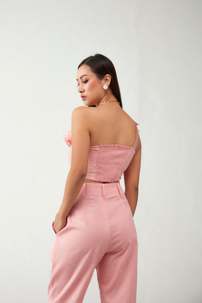 Pink One Shoulder ruffle Cotton Crop Top