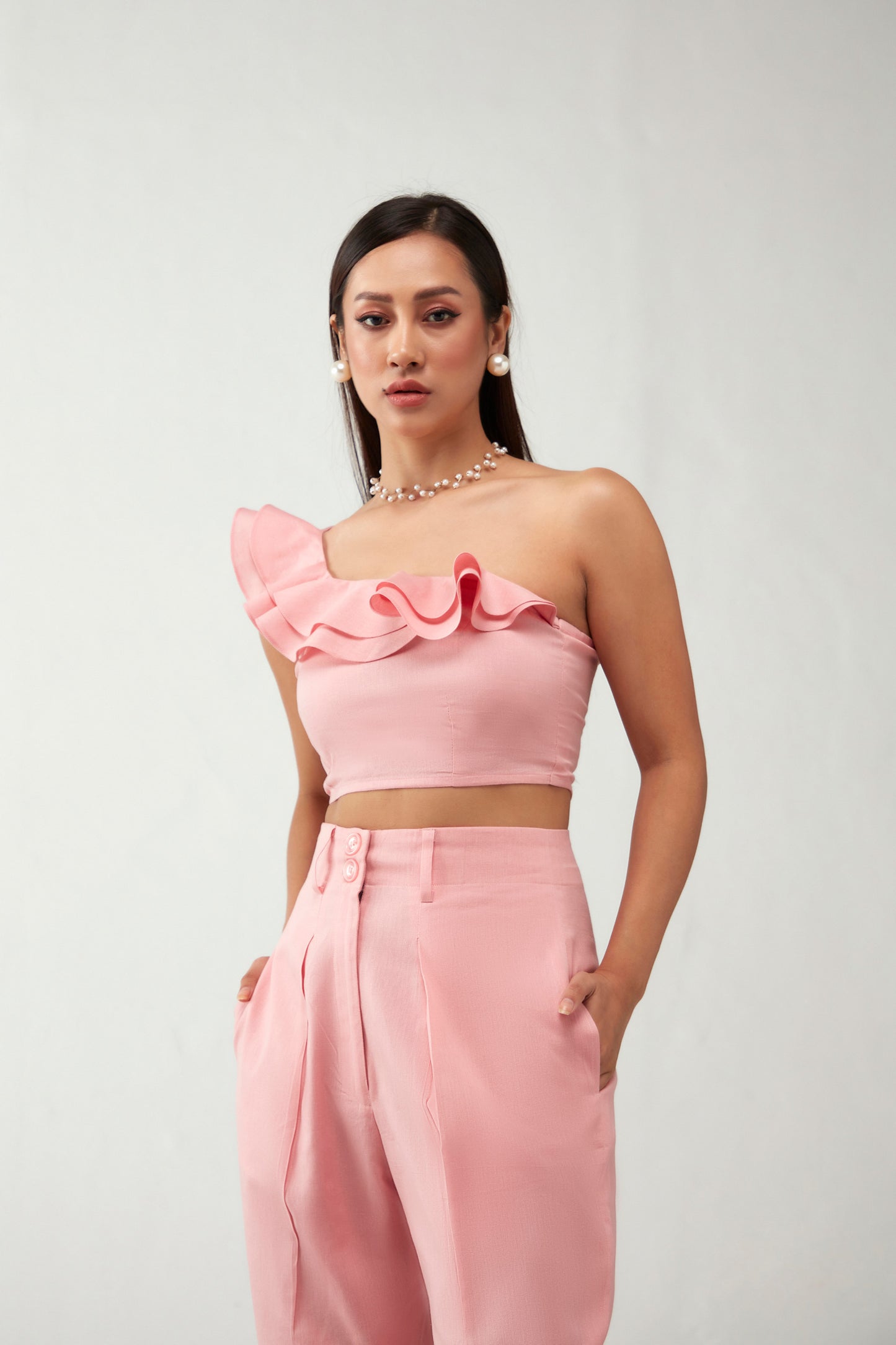 Pink One Shoulder ruffle Cotton Crop Top