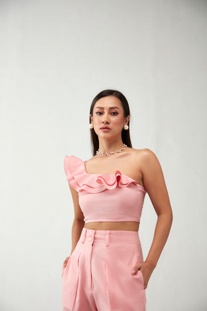 Pink One Shoulder ruffle Cotton Crop Top