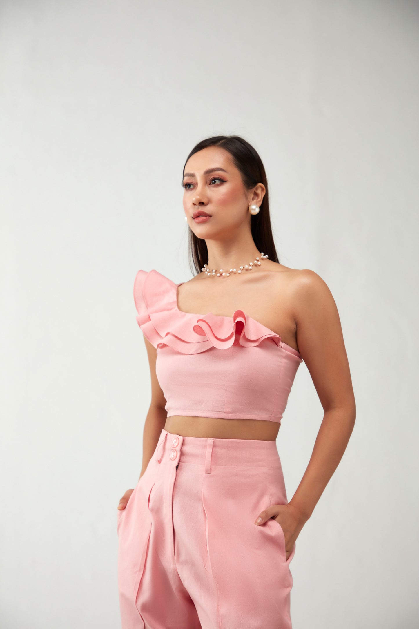 Pink One Shoulder ruffle Cotton Crop Top