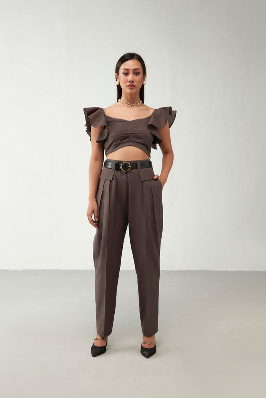 Brown Shoulder Ruffle Cotton Co-Ord Set