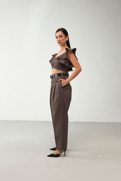 Brown Shoulder Ruffle Cotton Co-Ord Set