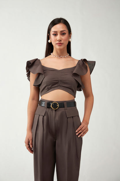 Brown Shoulder Ruffle Cotton Co-Ord Set