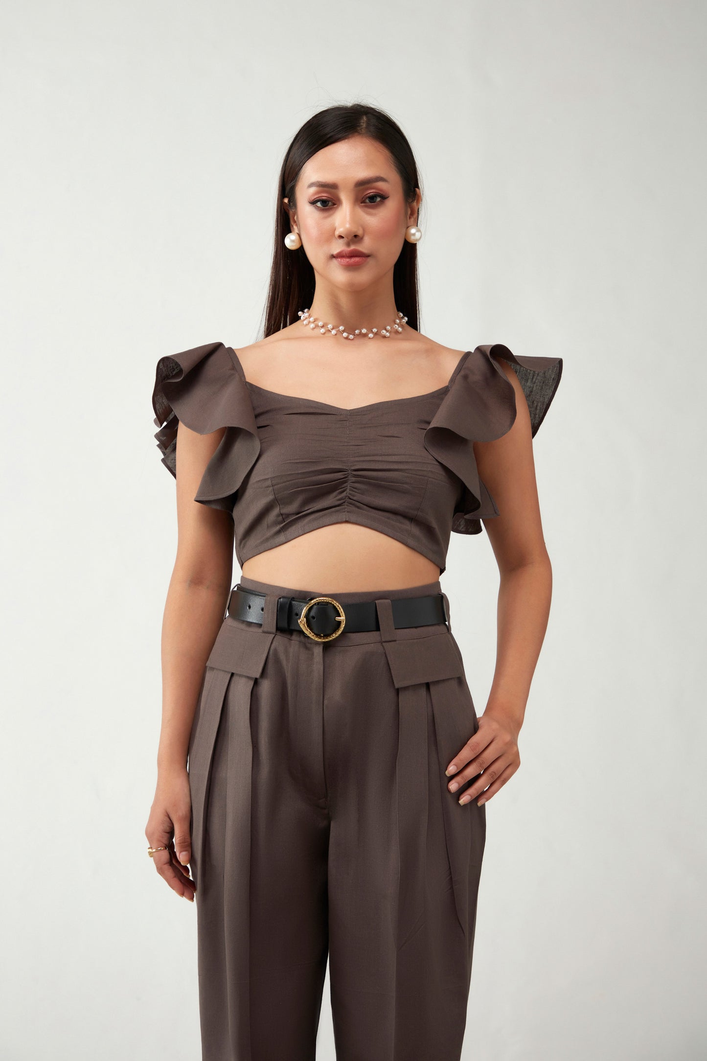 Brown Gathered Details Ruffles Cotton Crop Top