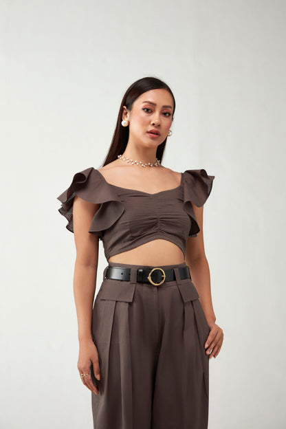 Brown Gathered Details Ruffles Cotton Crop Top