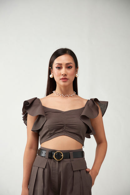 Brown Gathered Details Ruffles Cotton Crop Top