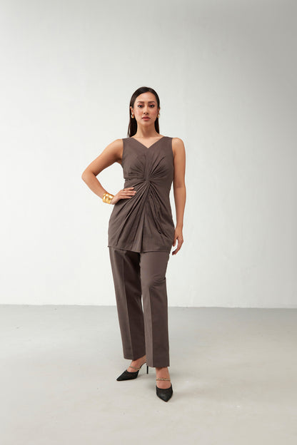 Brown Twist Top V Neckline Cotton Shirt