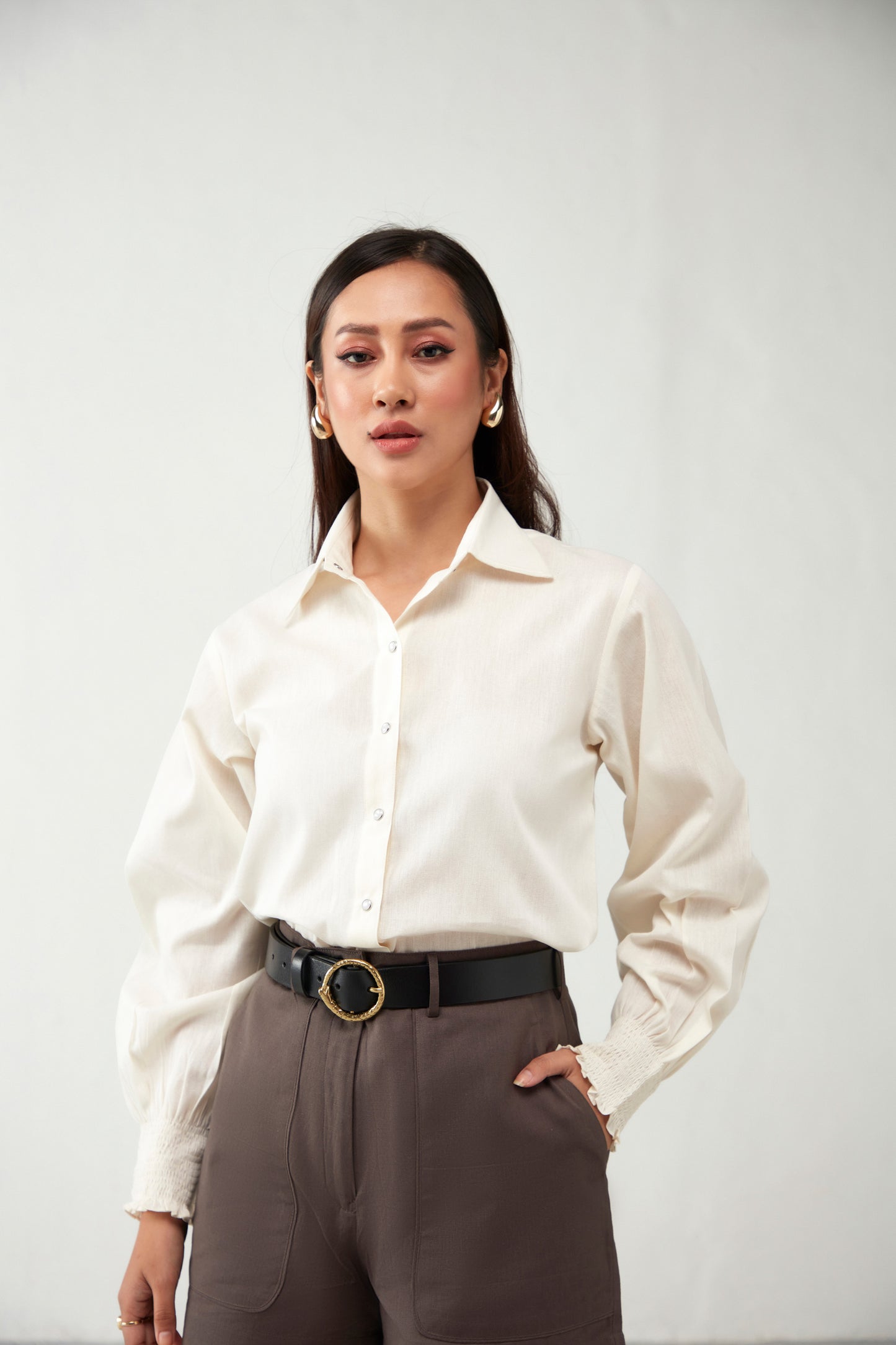 Brown & Off white Shirts style Cotton Co-Ord Set