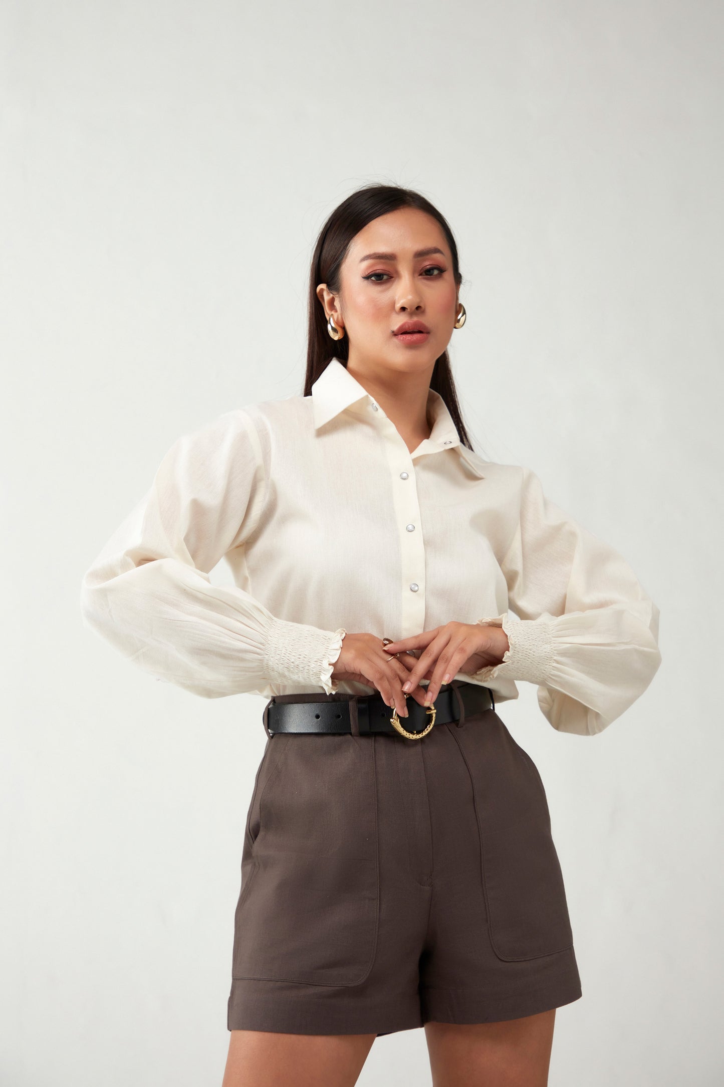 Brown & Off white Shirts style Cotton Co-Ord Set