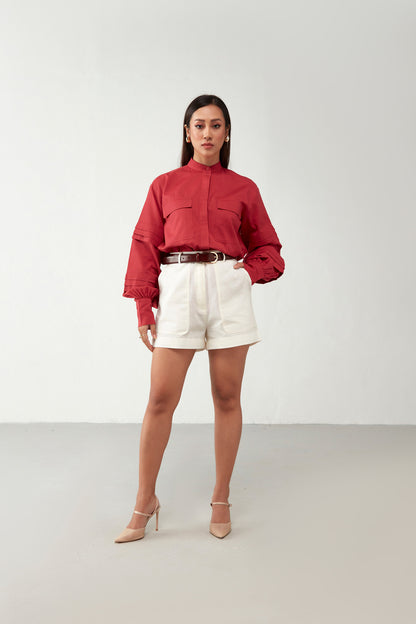 Red & Off white Shirts style Cotton Co-Ord Set