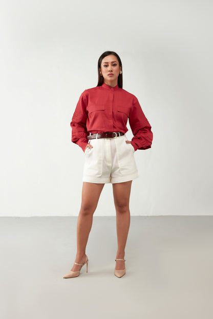 Red & Off white Shirts style Cotton Co-Ord Set