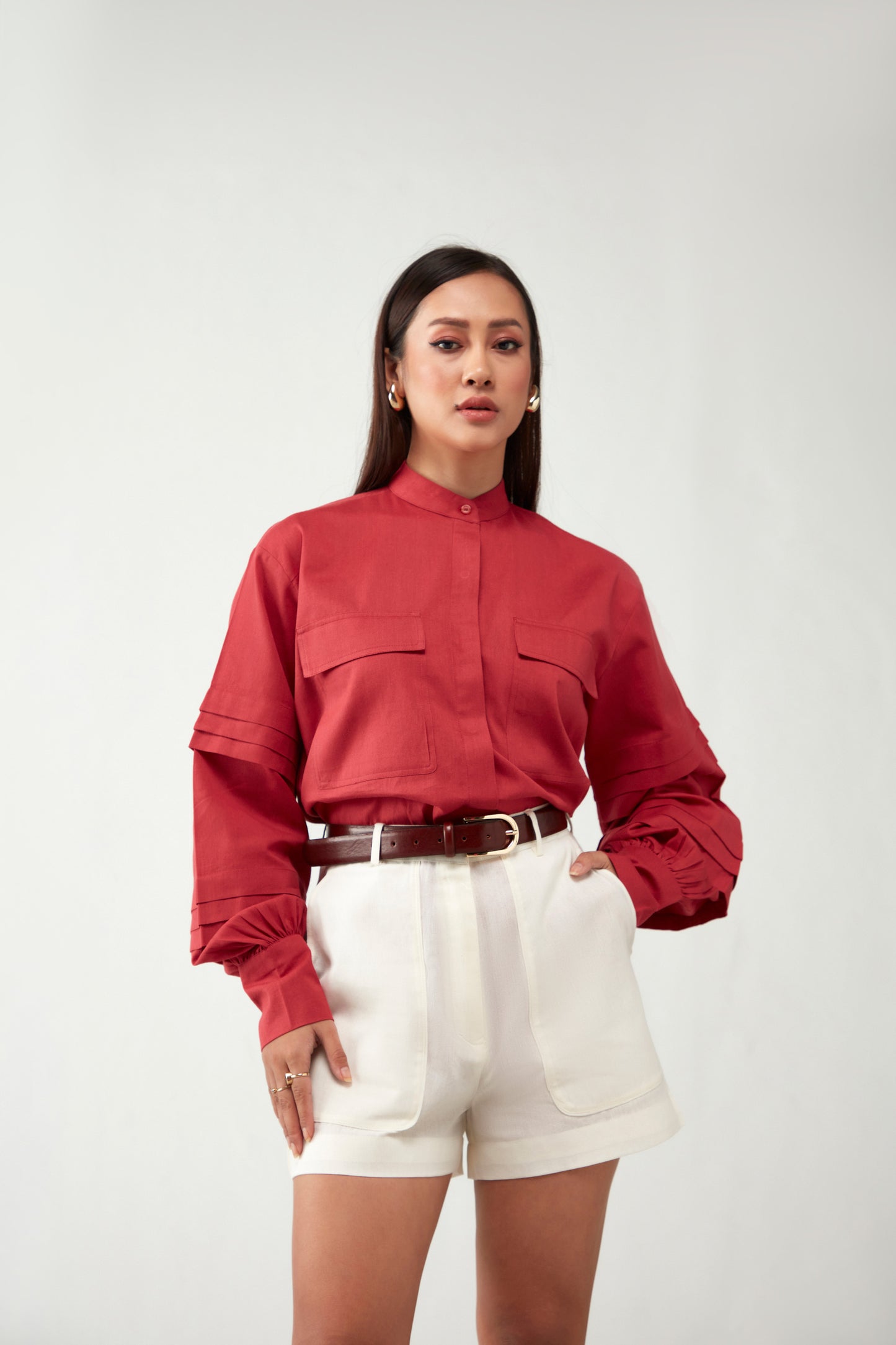 Red & Off white Shirts style Cotton Co-Ord Set