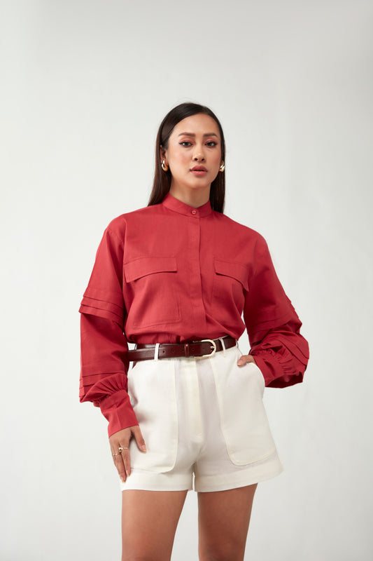 Red Antifit Pleated sleeve Cotton Shirt