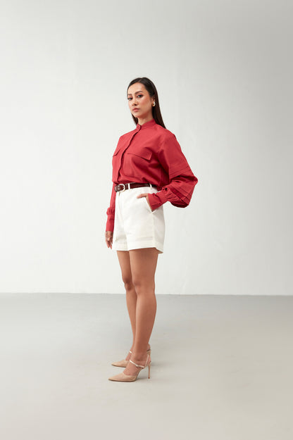 Red & Off white Shirts style Cotton Co-Ord Set