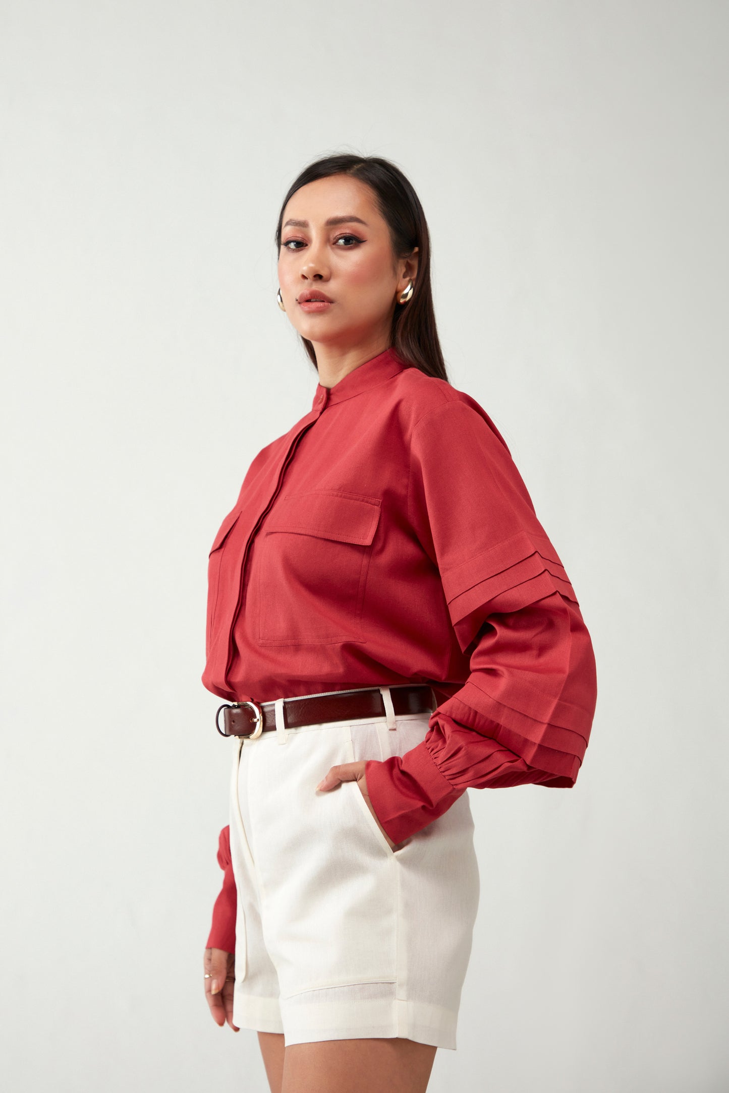 Red & Off white Shirts style Cotton Co-Ord Set