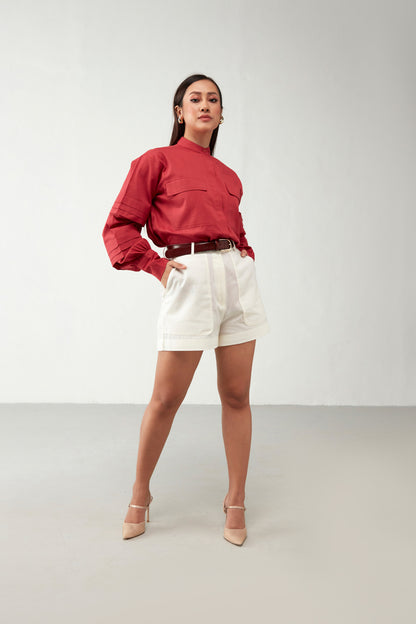 Red Antifit Pleated sleeve Cotton Shirt