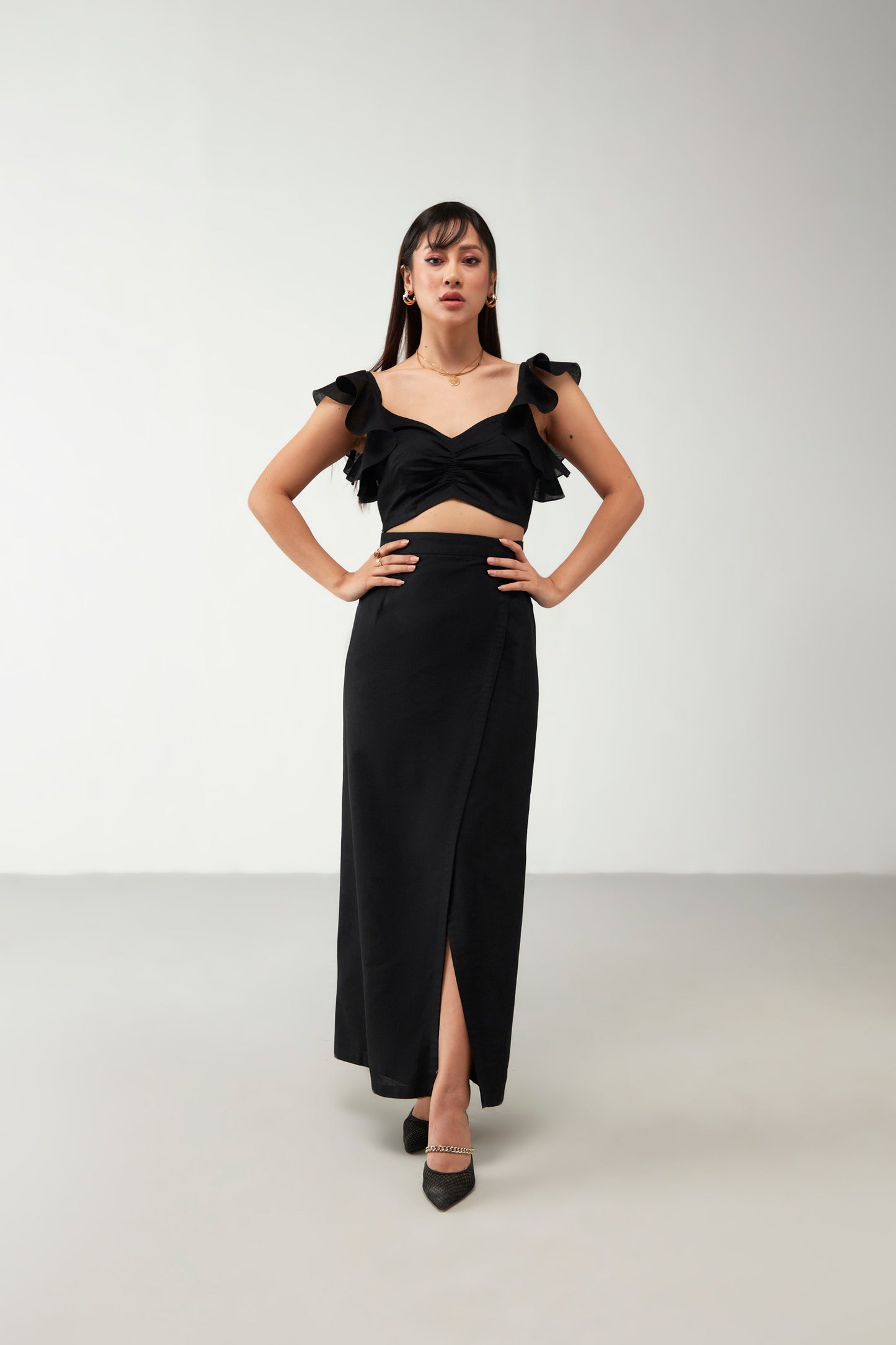 Black Crop Top with Ruffle Cotton Co-Ord Set