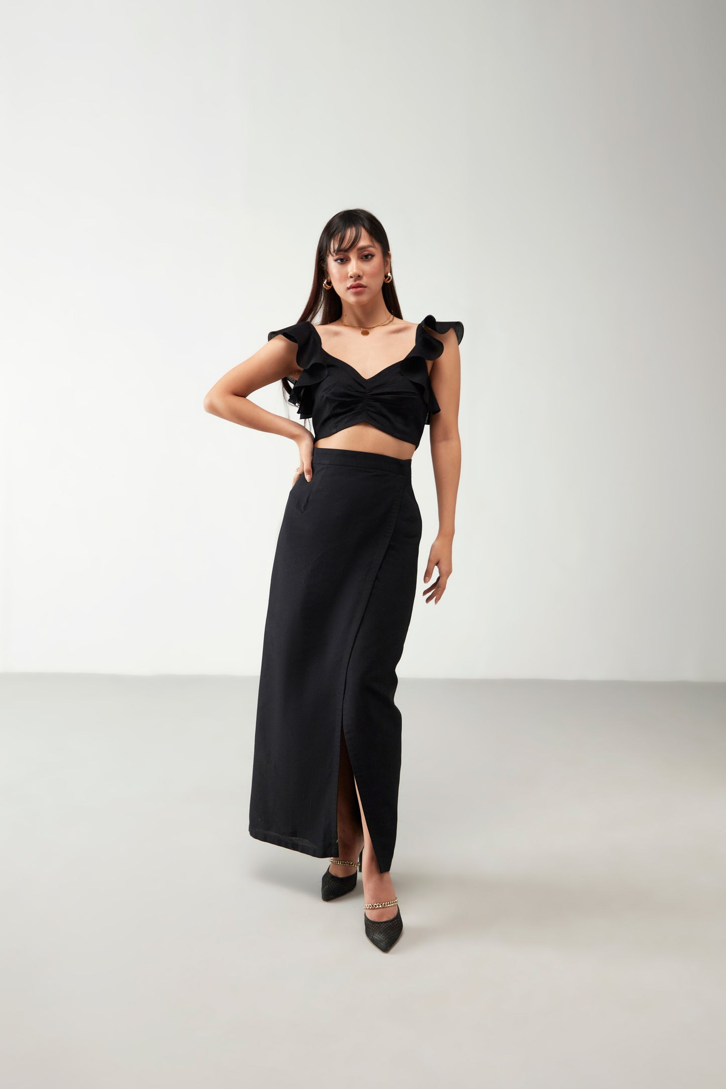 Black Crop Top with Ruffle Cotton Co-Ord Set