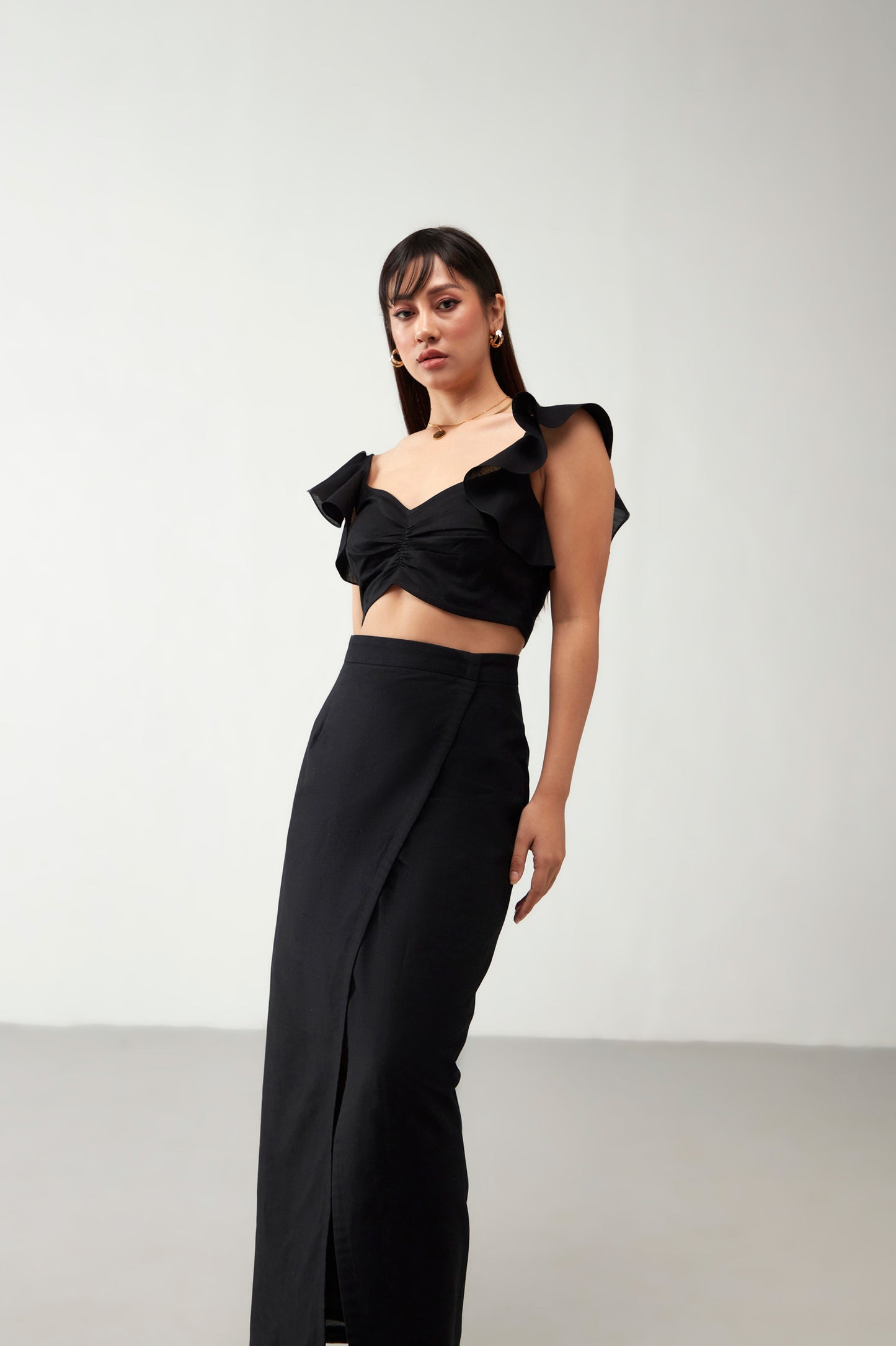 Black Crop Top with Ruffle Cotton Co-Ord Set