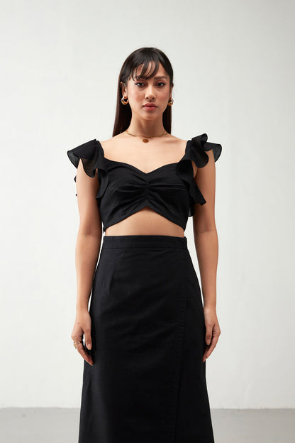 Black Crop Top with Ruffle Cotton Co-Ord Set