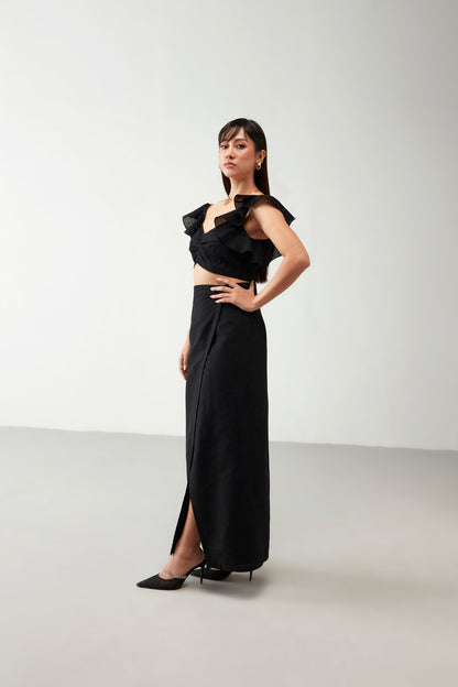 Black Crop Top with Ruffle Cotton Co-Ord Set