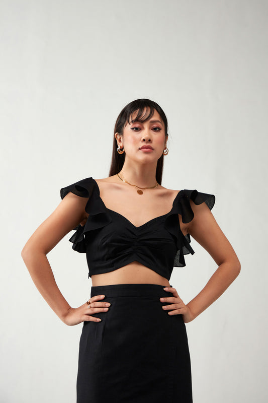 Black Gathered Details Ruffles Cotton Crop Top