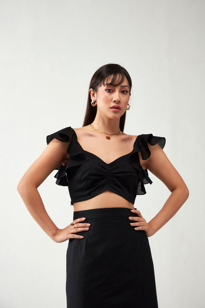 Black Gathered Details Ruffles Cotton Crop Top